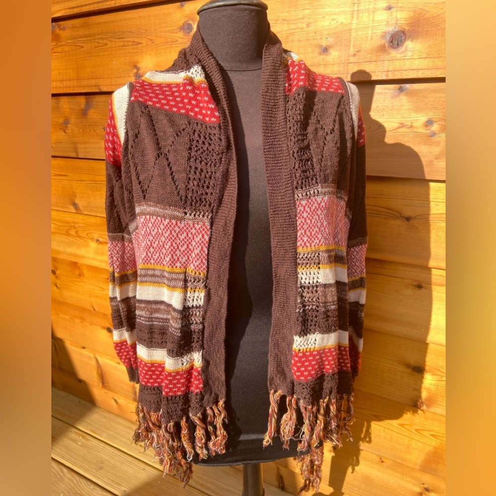 Maurices Brown and Red Patchwork Cardigan